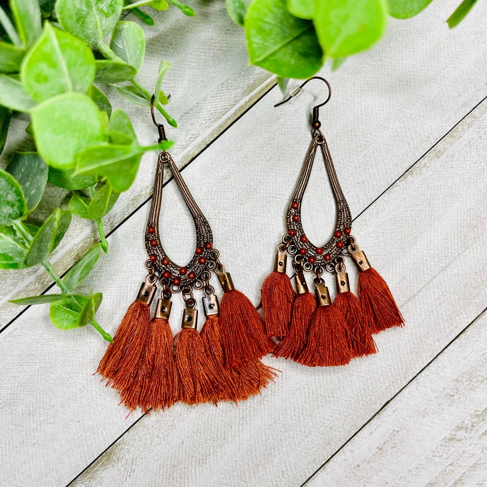 Boho Teardrop Dangle Earrings Tassels, Rust Color
